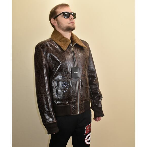 $5K DOLCE GABBANA BROWN CRACKED LEATHER BOMBER SHEARLING ZIP JACKET 54 / US 44 - Picture 5 of 12